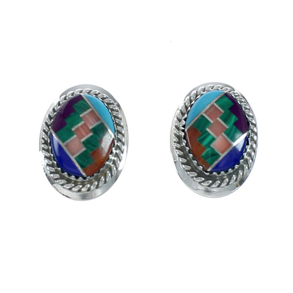 Multicolor Native American Inlay Sterling Silver Post Earrings X11337